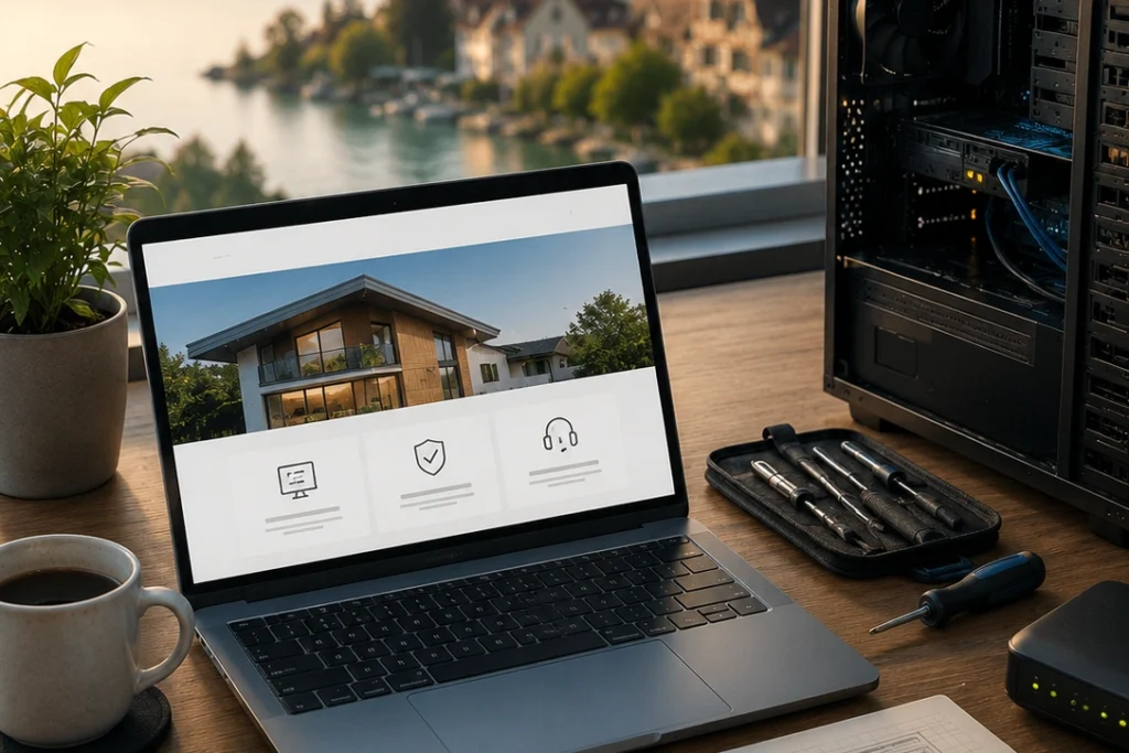 Laptop mit Webseiten-Vorschau neben offenem Desktop-PC und Werkzeug am Bodensee – Webdesign und IT-Service aus Markdorf